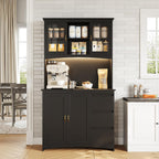 Garvee Kitchen Pantry Cabinet with LED Lights & Charging Station, 71" Tall Kitchen Hutch Storage Cabinet with Countertop, 3 Drawers, 4 Doors, Adjustable Shelves for Dining Room, Black