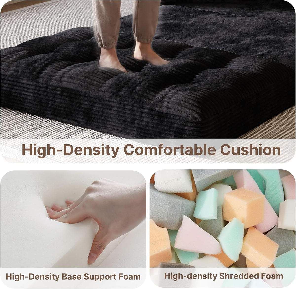 Gizoon Couch Bed Small Floor Couch 59" Convertible Sleeper Sofa | Folding Sofa Bed with 2 Pillows & Memory Foam, Corduroy Pull Out Couch for Small Spaces, Apartment, Living Room, Black