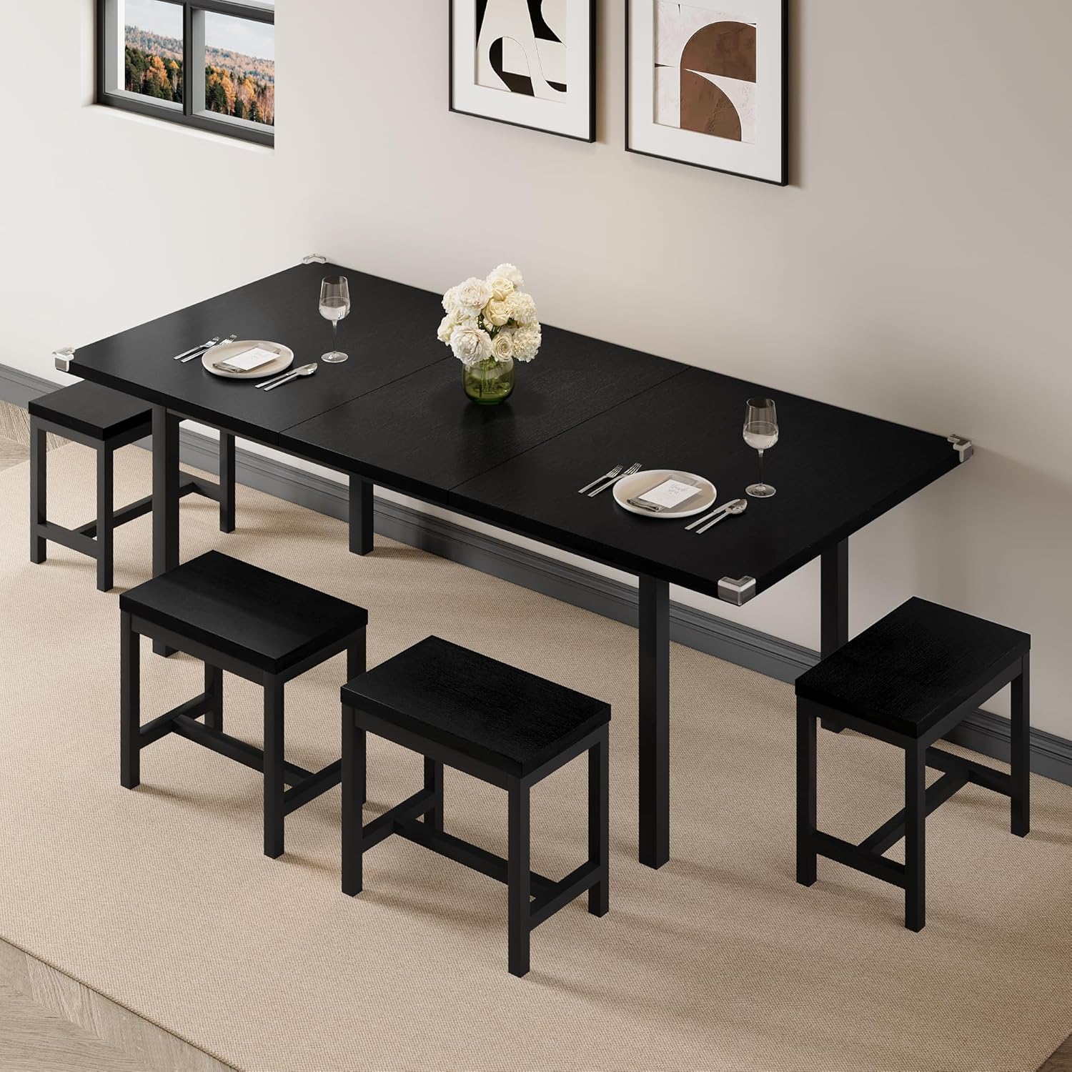 Einhomn 7-Piece Dining Table Set, 63" Extendable Kitchen Room Table with 6 Stools, Mid Century Modern Dinner Table with Metal Frame & MDF Board, Space-Saving, Easy Assembly, Black