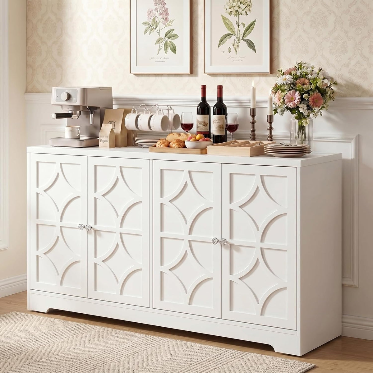 RoyalCraft Sideboard Buffet Cabinet with Storage, 56" Modern Sideboard with 4 Carved Doors, Large Wood Coffee Bar Console Table for Kitchen, Dining Room, Entryway, Living Room, Satin White