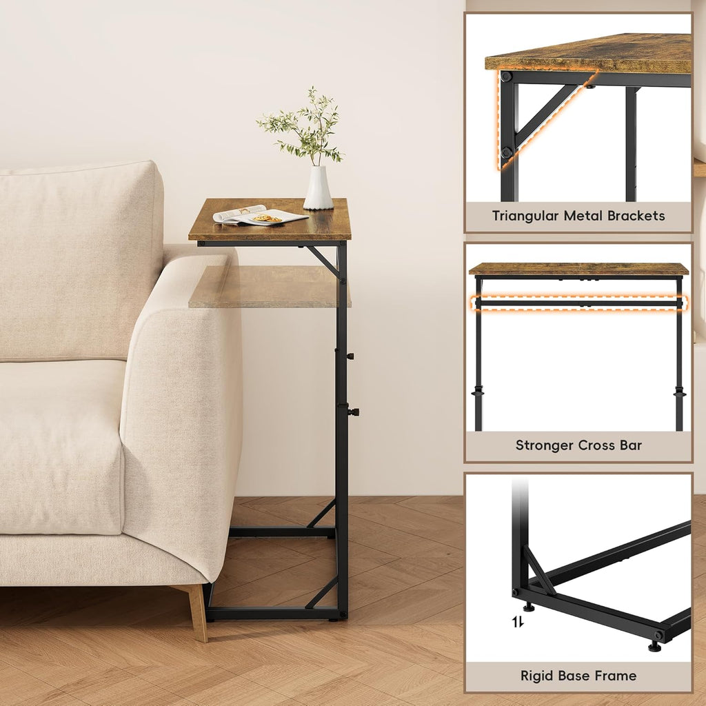 Vagusicc C Shaped End Table, Tall Side Table for Couch, C-Table End Table Adjustable Height Side Tables, Large Surface Sofa Tables TV Tray, Slide Under Couch Tables for Sofa, Living Room,Bedroom,Brown