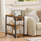 HOOBRO End Table with Charging Station, Side Table with 3 Tier Storage Shelf, Narrow Nightstand for Small Spaces, for Living Room, Bedroom, Easy Assembly, Rustic Brown and Black BF149UBZ01