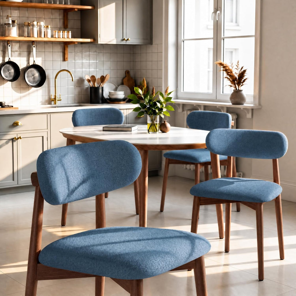 Wooden Dining Chairs Set of 4, Mid Century Modern Upholstered Kitchen Chairs with Solid Wood Legs, 350lb Heavy Duty Padded Side Chairs for Dining Room & Vanity, Blue