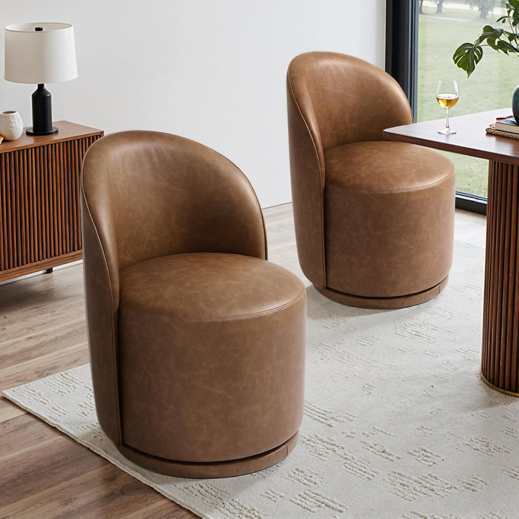 Faux Leather Swivel Barrel Accent Chair, Upholstered Kitchen Dining Room Chair, Makeup Vanity Side Chair for Bedroom Living Room - Brown