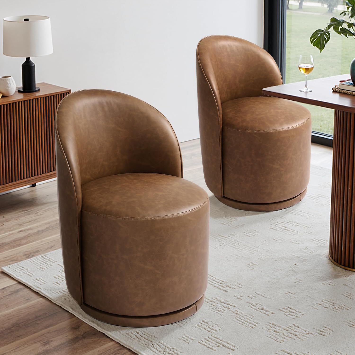 Faux Leather Swivel Barrel Accent Chair, Upholstered Kitchen Dining Room Chair, Makeup Vanity Side Chair for Bedroom Living Room - Brown