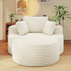 Round Chaise Lounge with Ottoman, Cloud Corduroy Curved Reading Lounge Sofa Chair with Cup Holders, Circle Memory Foam Chaise Chair and Ottoman Set for Study, Living Room, Sunroom, Beige