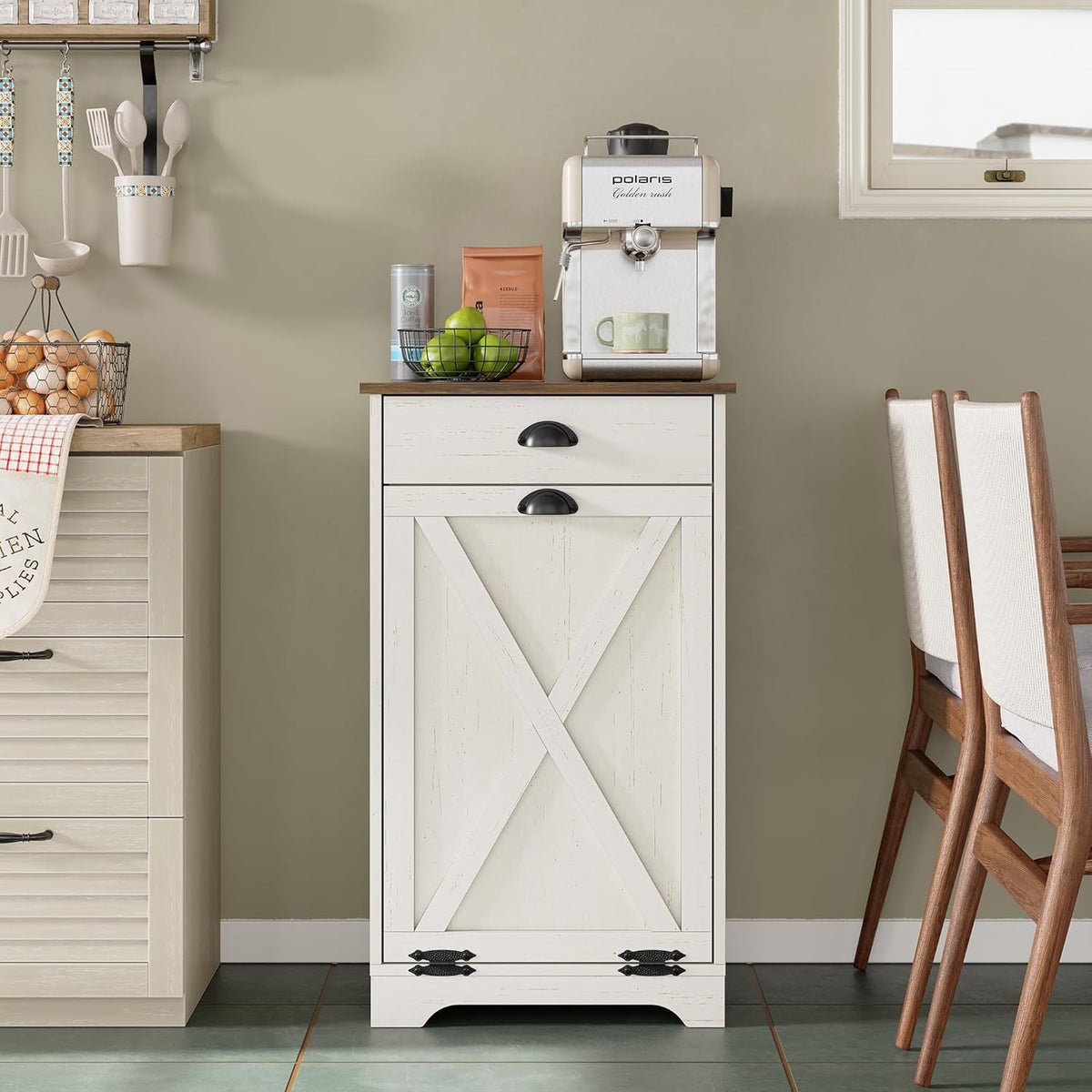 Furniouse Single Tilt Out Trash Can Cabinet with Drawer, 10 Gallon Wood Garbage Cabinet for Kitchen, Antique White