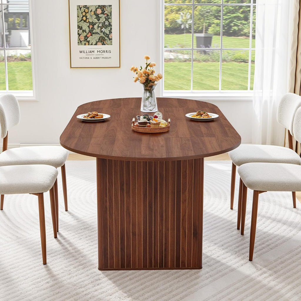 weselon 78.7" Oval Dining Table for 6-8 People, Large Kitchen Dining Table with Fluted Pedestal Base, Modern Minimalist Dining Room Table with 3-Piece Tabletop, Walnut (Chairs Not Included)