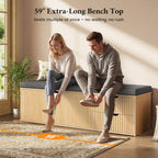 59" Storage Bench with Drawer, 2-Tier Shoe Bench with Doors, Long Entryway Bench, Thickened Cushion, Adjustable Shelf, Fluted Design for Entryway, Bedroom, Living Room, Natural