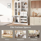 Freestanding Buffet with Hutch, 47.2 * 15.7 * 75 inch Tall Kitchen Pantry Cabinet with 4 Drawers, Door Shelves and Pull-Out Trays for Dining, Living Room, White