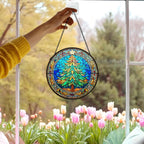 Christmas Tree Suncatcher Stained Glass Window Hanging Decor, Winter Xmas Tree Stained Glass Wall Decor, Christmas Garden Sun Catchers Indoor Window Hanging Wall Art Lawn, 7.9x7.9 Inch
