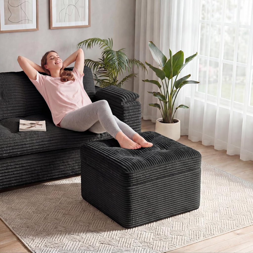 23.6in Pouf Ottoman, Corduroy Ottoman Foot Rest with Dual‑Layer Support, Large Plush Pouf with Soft Chunk‑Foam Top & Firm Foam Base, Floor Foot Stool for Living Room, Black