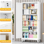 PAOFIN 75''H Metal Garage Storage Cabinet with Wheels,Steel File Cabinets with 2 Doors and 5 Adjustable Shelves for Home Office, Warehouse, Required Assembly,White