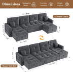 107'' LED U-Shaped Sectional Couch for Living Room, Sleeper Sofa Bed, Grey | Comfy Chenille Cloud Couch, Pull Out Bed, Storage Chaise, 5-level Adjustable Backrest, USB Charging, 2 Pillow,1100LB Capacity