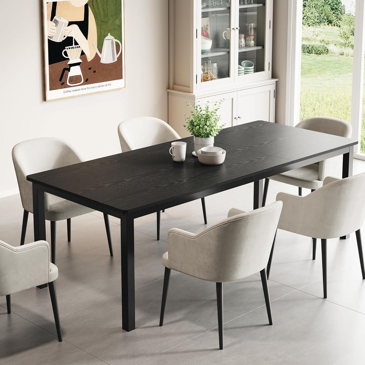 GarveeHome 70.8 in Industrial Dining Table for 6, Wooden Long Dinner Table with Mortise Tenon Design, Kitchen Table with Sturdy Metal Legs, for Dining Room Home Office Living Room, Black
