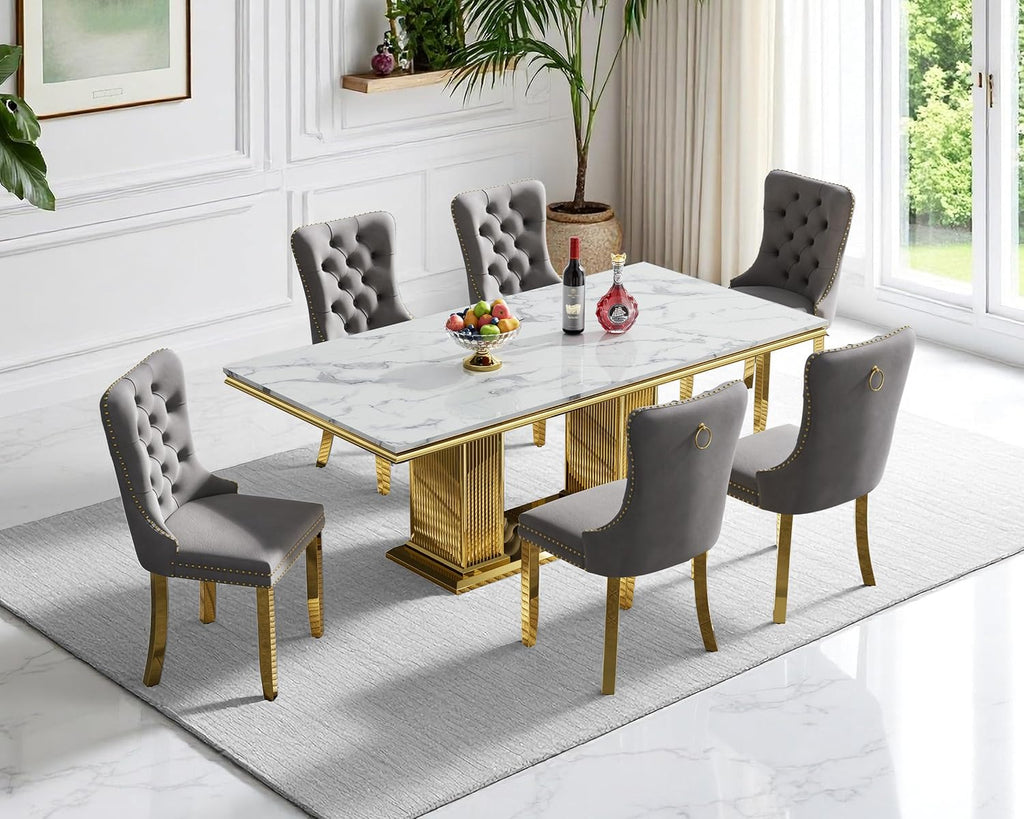 Marble Dining Table Set for 6, Rectangular 68.11" Dining Room Table with 6 Gray Dining Chairs, White&Gold Dining Table with Faux Marble Top, Large Dining Table and Chairs Set for Home Furniture