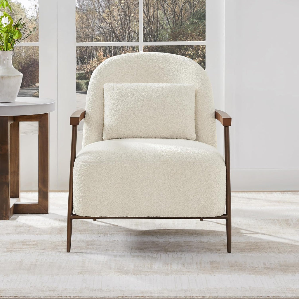 CHITA Accent Chair Set of 2, Sherpa Armchair with Wooden Armrest, Ivory