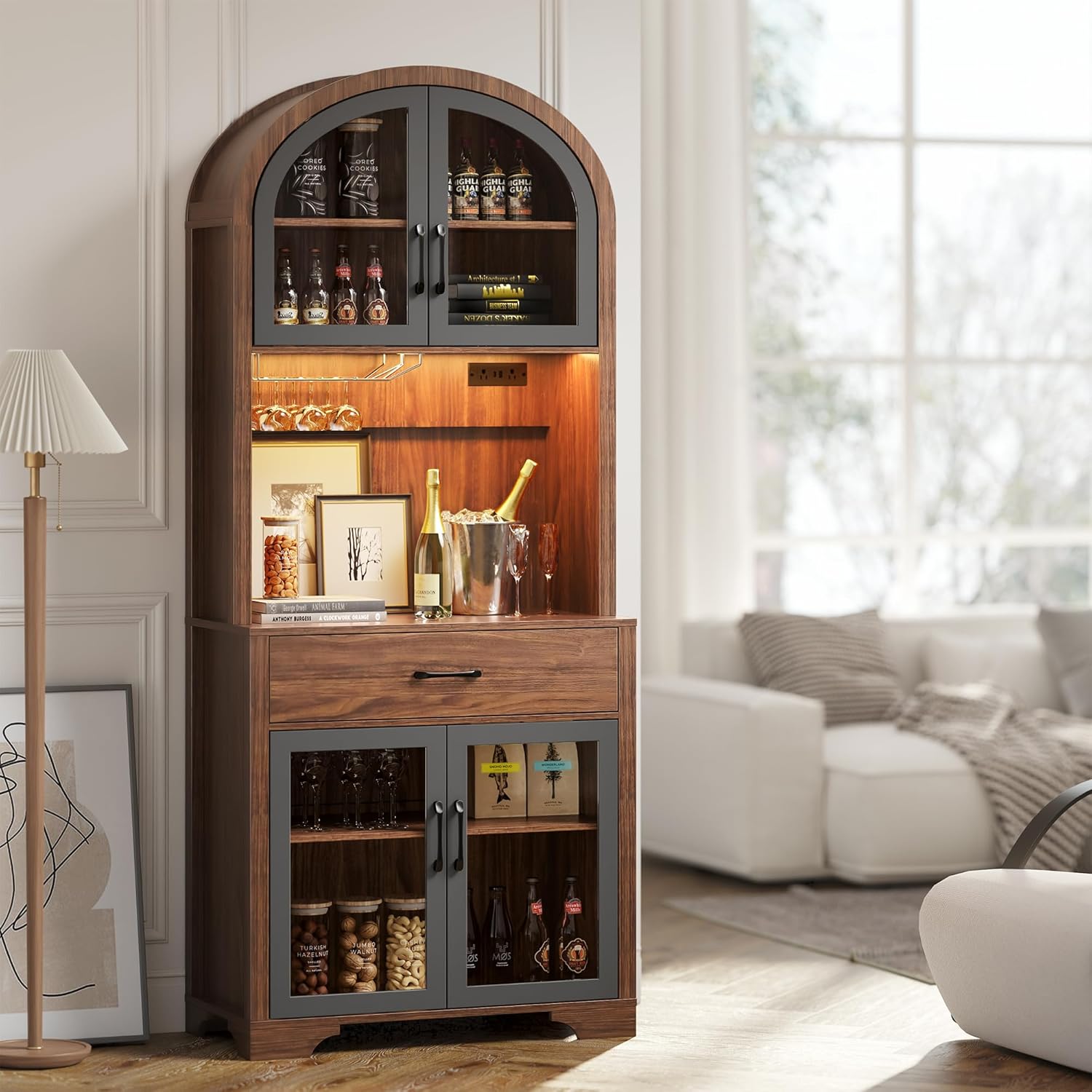 75" Tall Arched Pantry Cabinet with Charging Station & LED Light, Kitchen Pantry Cabinet with Microwave Stand, Drawers and Adjustable Shelf, Coffee Bar Liquor Cabinet for Dining Room