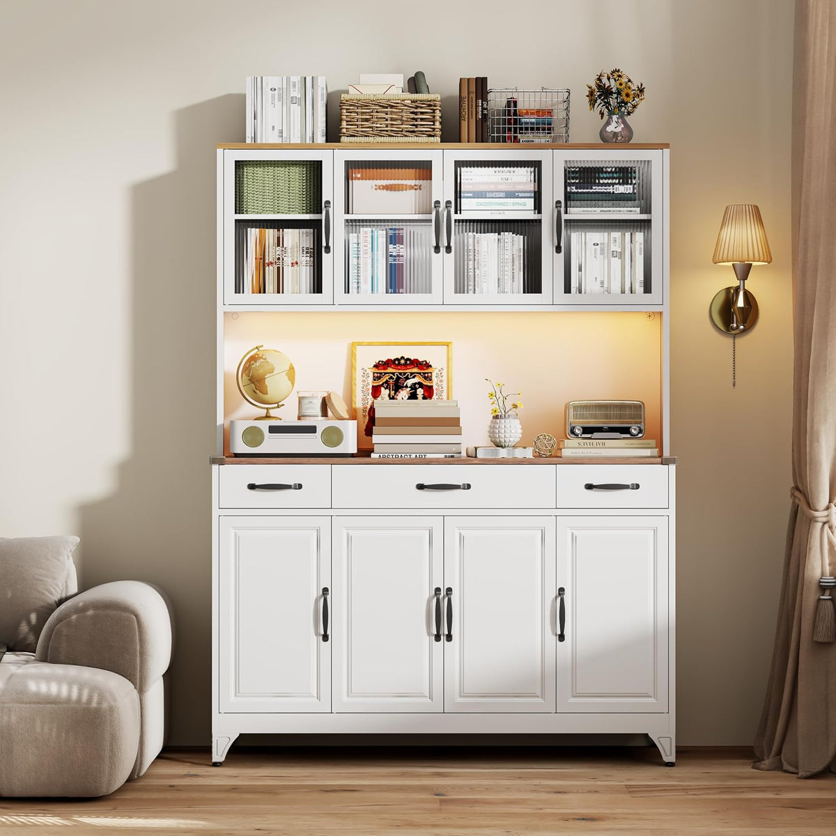 74.8" Tall Metal Pantry Cabinet with Charging Station & LED Light | Kitchen Pantry Storage Cabinet with 6 Adjustable Shelves, Large Cupboard for Kitchen,Dining Room, Living Room, Office