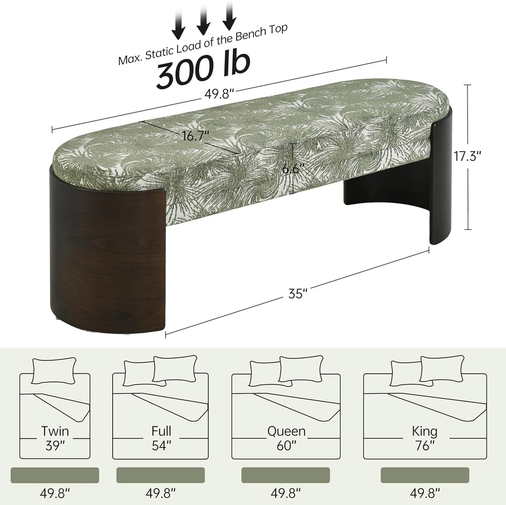 VKNOW 50" Upholstered Ottoman Bench with Botanical Pattern, Oval Entryway Bench with Solid Curved Bentwood Legs, Accent End of Bed Bench for Bedroom, Dining Bench for Dining Room, Living Room, Green