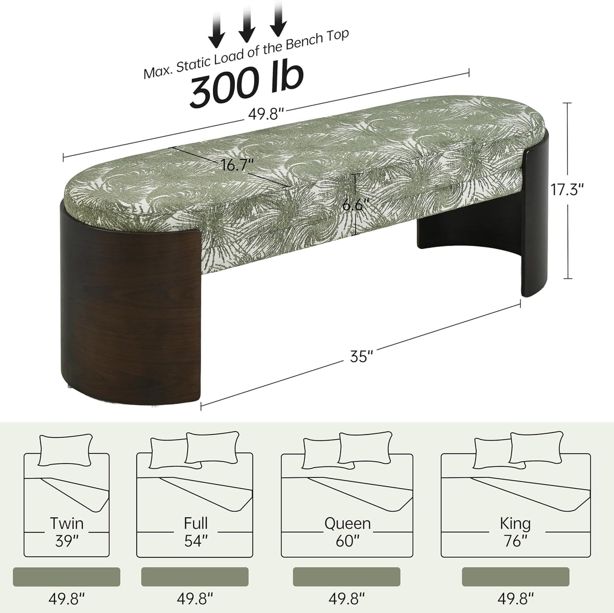 VKNOW 50" Upholstered Ottoman Bench with Botanical Pattern, Oval Entryway Bench with Solid Curved Bentwood Legs, Accent End of Bed Bench for Bedroom, Dining Bench for Dining Room, Living Room, Green