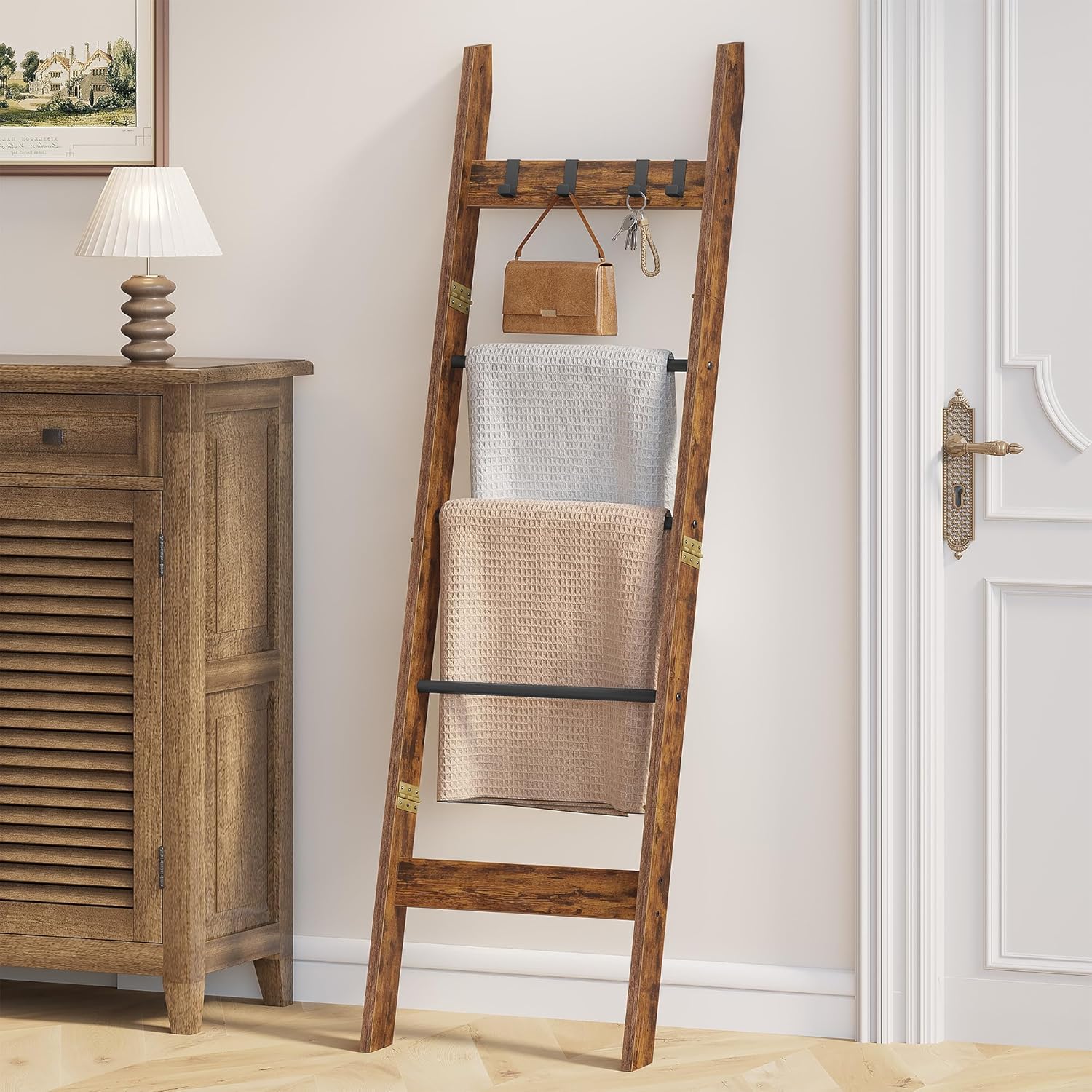 Hzuaneri Blanket Ladder for Living Room, Decorative Quilt Rack with 4 Removable Hooks, 5-Tier Farmhouse Ladder Holder Shelf Organizer for Bedroom, Rustic Brown and Black 02101BBR