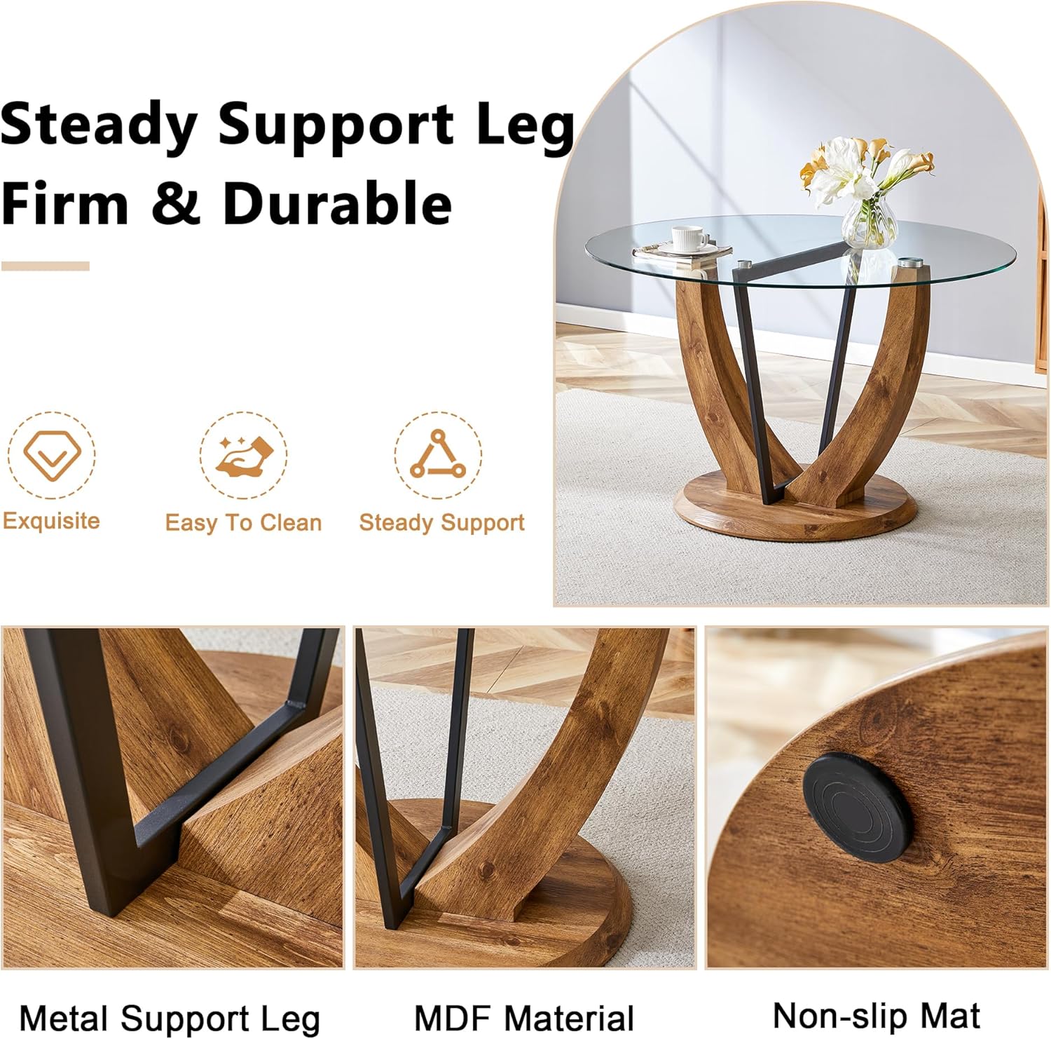 JUFU Round Dining Table for 4/6, 48 Inch Wood Kitchen Table with Stable Pedestal Base, Modern Glass Dining Table for Kitchen, Living Room, Apartment, Restaurant