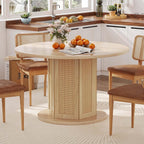 DWVO Round Dining Table for 4-6 People 47 Inch Farmhouse Kitchen Table with Rattan Circular Base Wooden Dinner Table for Dining Room Family Gathering, Natural Oak