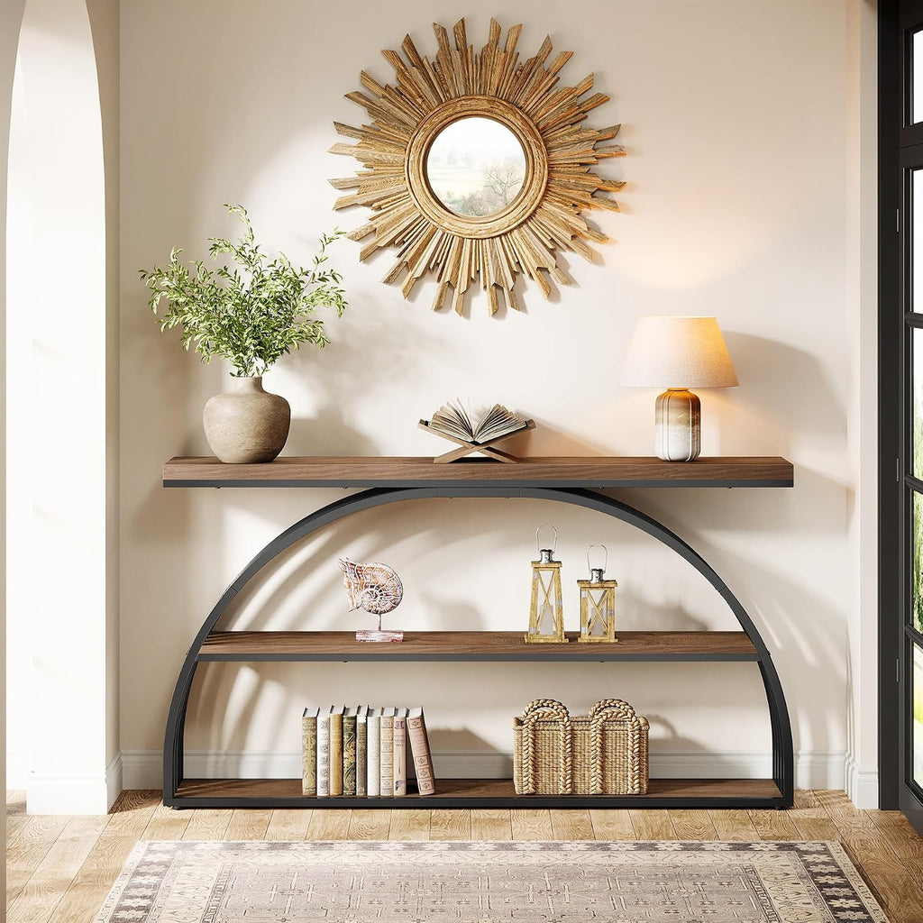 Tribesigns 63-Inch Console Table for Entryway, Farmhouse Entryway Table with Arched Frame, 3-Tier Industrial Sofa Console Behind The Couch for Living Room, Foyer, Hallway, Rustic Brown & Black
