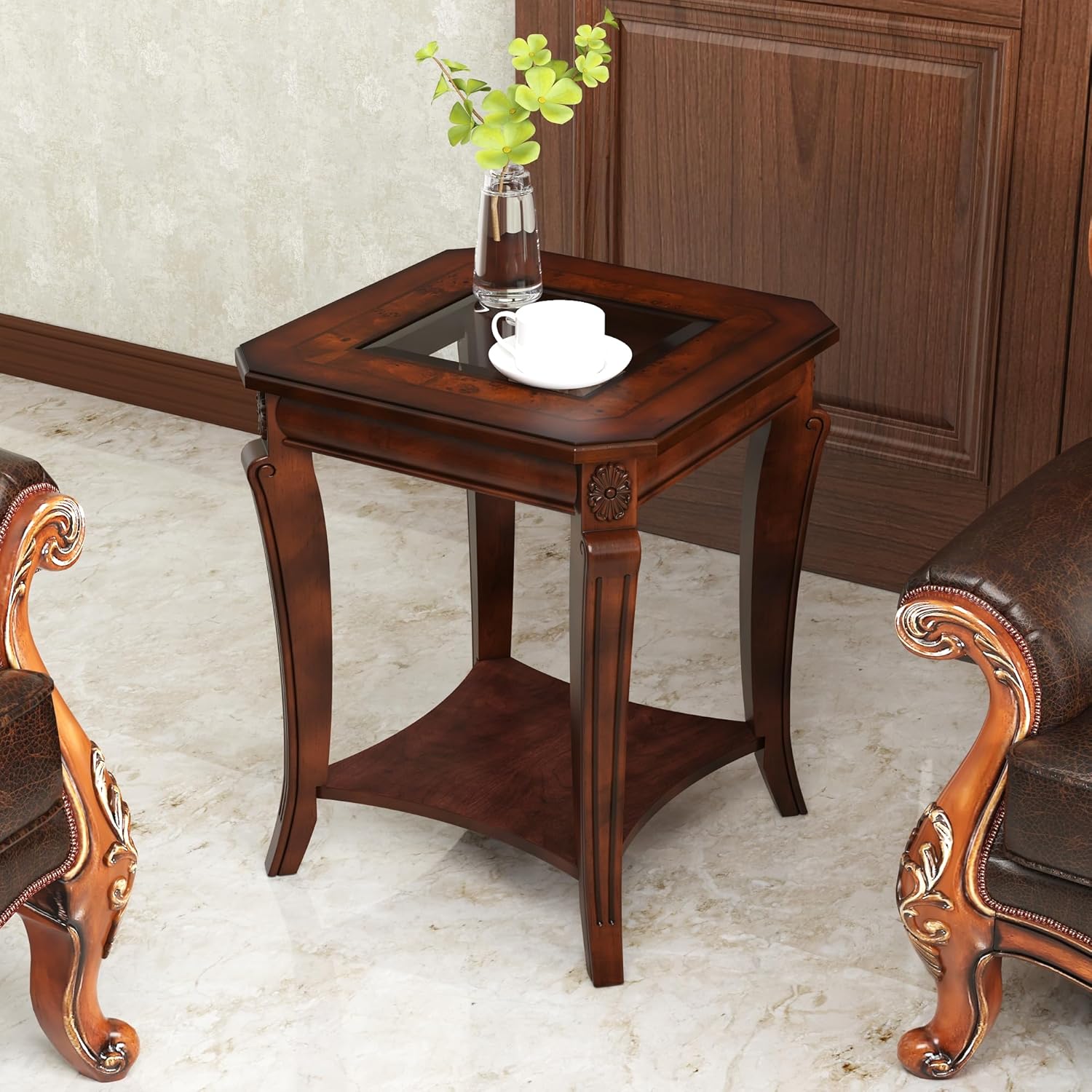 Square High End Side Table with Tempered Glass Top, Farmhouse Sofa Beside Table with Storage Shelf, Living Room Corner Tables with Wood Carved legs, 23.8”H Telephone Tabless, Cherry Brown CJZ-A1168-GT