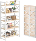 4NM 5 Tiers No Assembly Book Shelves, 51.2" H Folding Bookshelf Bookcase Open Industrial Foldable Shelves for Bedroom, Living Room, Home Office - Natural White