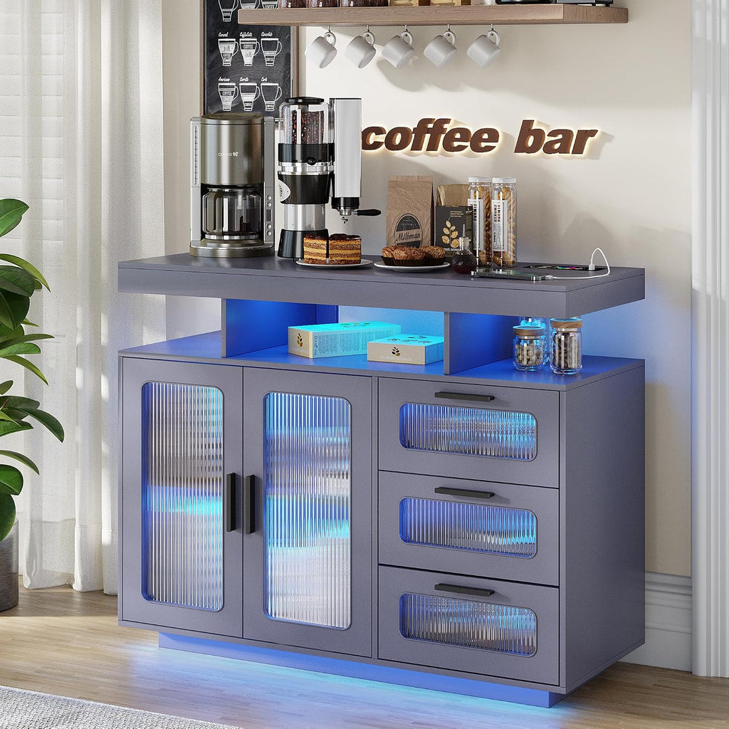 Dystler Coffee Bar Cabinet with Storage, Modern Buffet Cabinet with 3 Drawers and 2 Doors, Sideboard Buffet with Charging Station and Lights, Grey