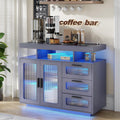 Dystler Coffee Bar Cabinet with Storage, Modern Buffet Cabinet with 3 Drawers and 2 Doors, Sideboard Buffet with Charging Station and Lights, Grey