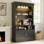 Takywep Tall Coffee Hutch with LED Lights Tall CoffeeBar Cabinet Farmhouse Buffet Cabinet with Storage Kitchen Sideboard with Microwave Stand/Wine Rack/Glass Shelf