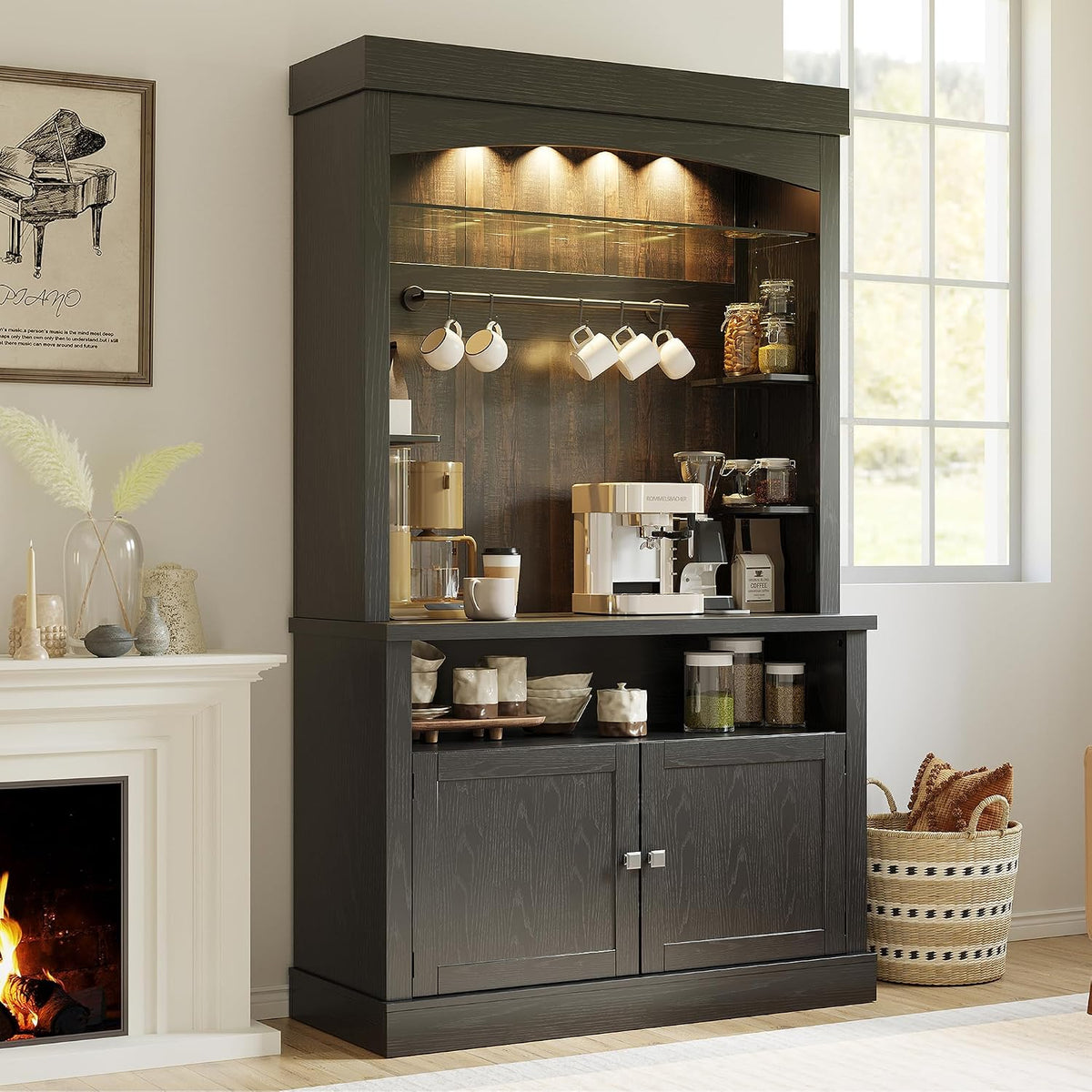 Takywep Tall Coffee Hutch with LED Lights Tall CoffeeBar Cabinet Farmhouse Buffet Cabinet with Storage Kitchen Sideboard with Microwave Stand/Wine Rack/Glass Shelf