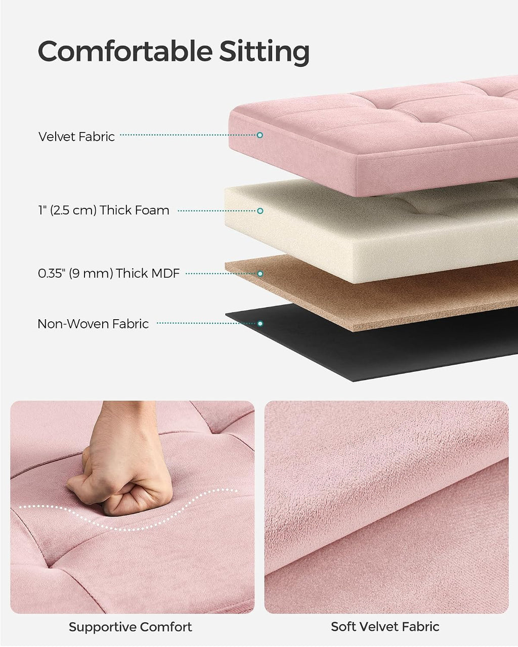 SONGMICS Storage Ottoman Bench, 43.3 Inches Velvet Foldable Foot Rest | Foot Rest, End of Bed Bench, Load up to 660 lb, Jelly Pink, MINOTA Collection ULSF277R01