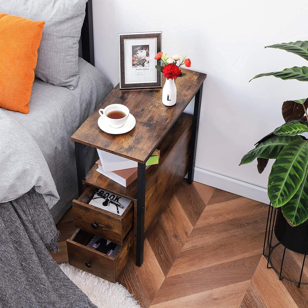 HOOBRO End Table, Narrow Chairside Table with Drawer and Open Storage Shelf, Nightstand for Small Spaces, Stable and Sturdy Construction, Wood Look Accent Furniture, Rustic Brown and Black BF548BZ01G3