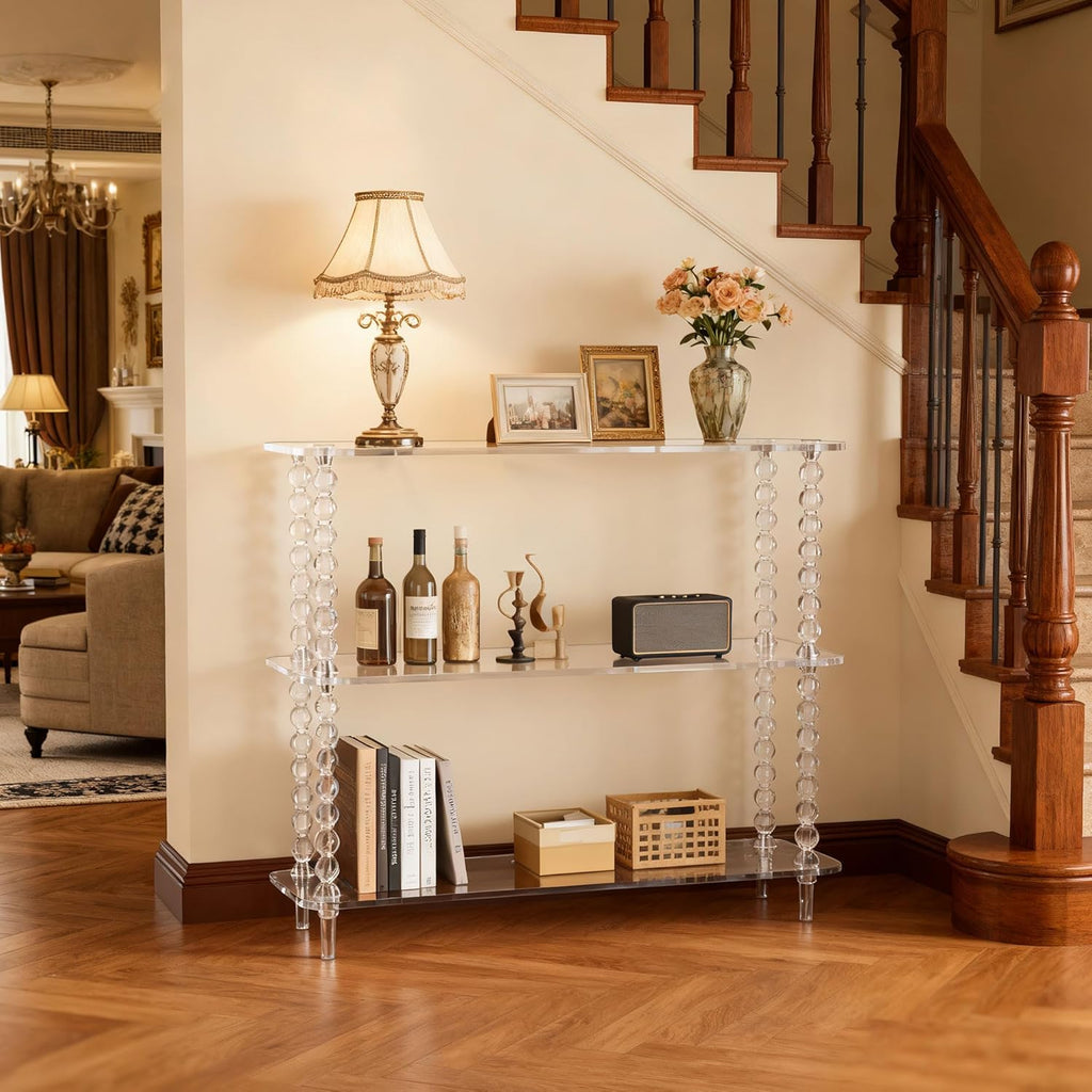 Acrylic Clear Console Table for Entryway, 3-Tier Sofa Table Bookshelf, Low Bookcase with Open Storage Shelves, (Clear, 31.5"×11.8“×28.6”)