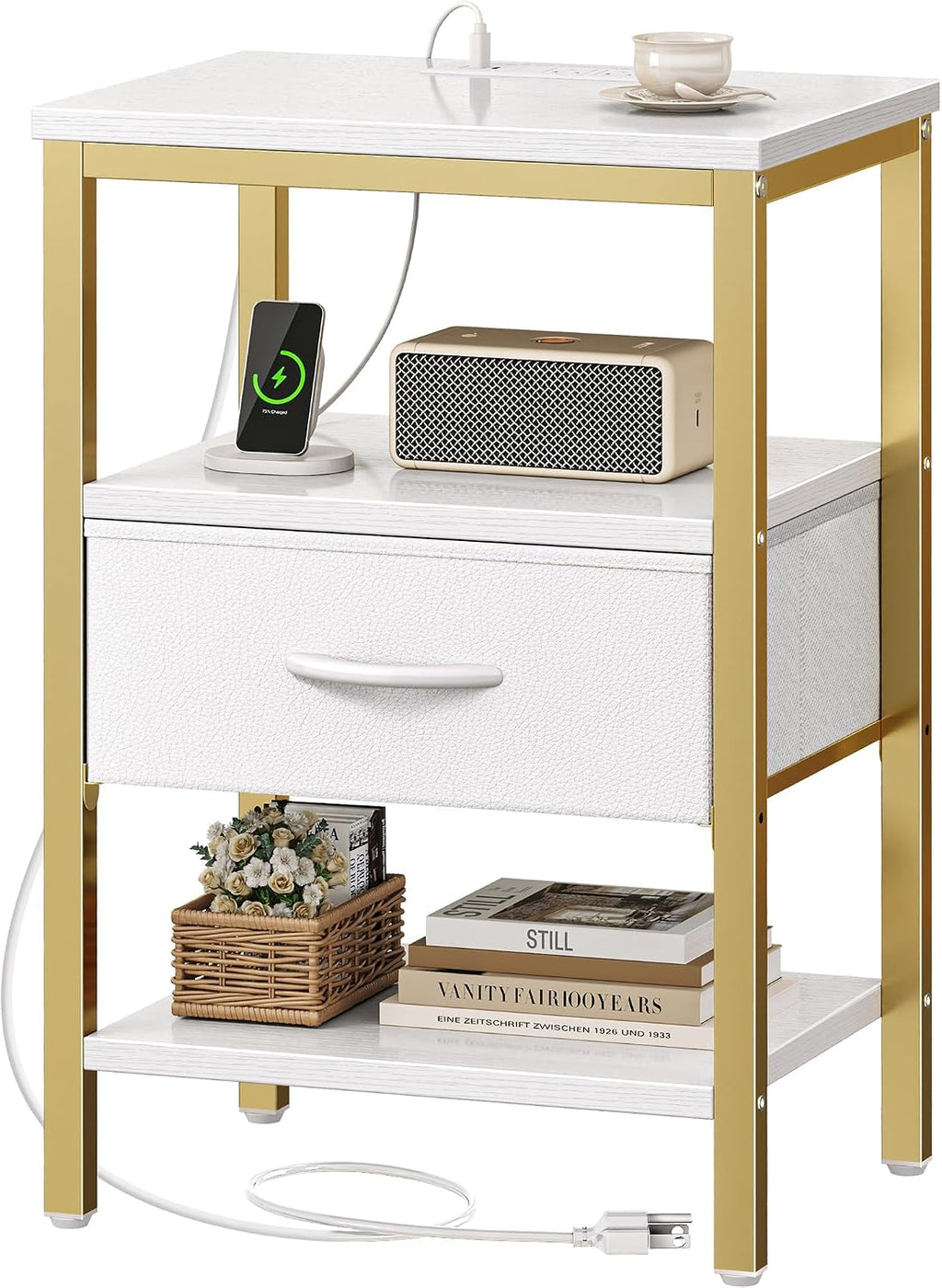 SUPERJARE Nightstand with Charging Station, Bed Side Table with Adjustable Fabric Drawer, Night Stand for Bedroom, 3-Tier Storage End Table, for Living Room, White and Gold