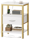 SUPERJARE Nightstand with Charging Station, Bed Side Table with Adjustable Fabric Drawer, Night Stand for Bedroom, 3-Tier Storage End Table, for Living Room, White and Gold