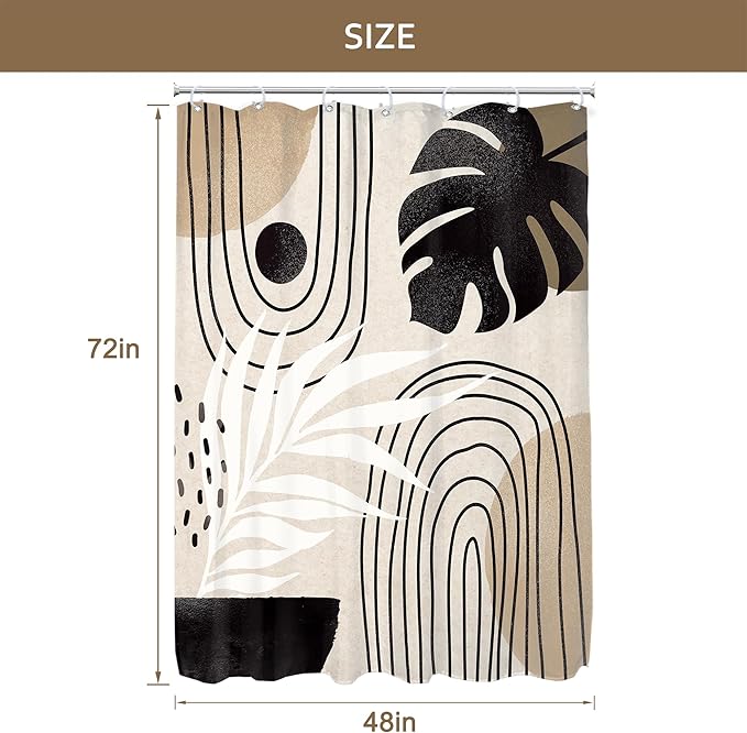 Glawry Boho Mid Century Shower Curtain Narrow Small Stall Abstract Modern Tropical Palm Leaf Minimalist Arch Bathroom Black Brown 48Wx72L Inches Bath Accessories Art Home Decor Fabric 7 Pack Hook