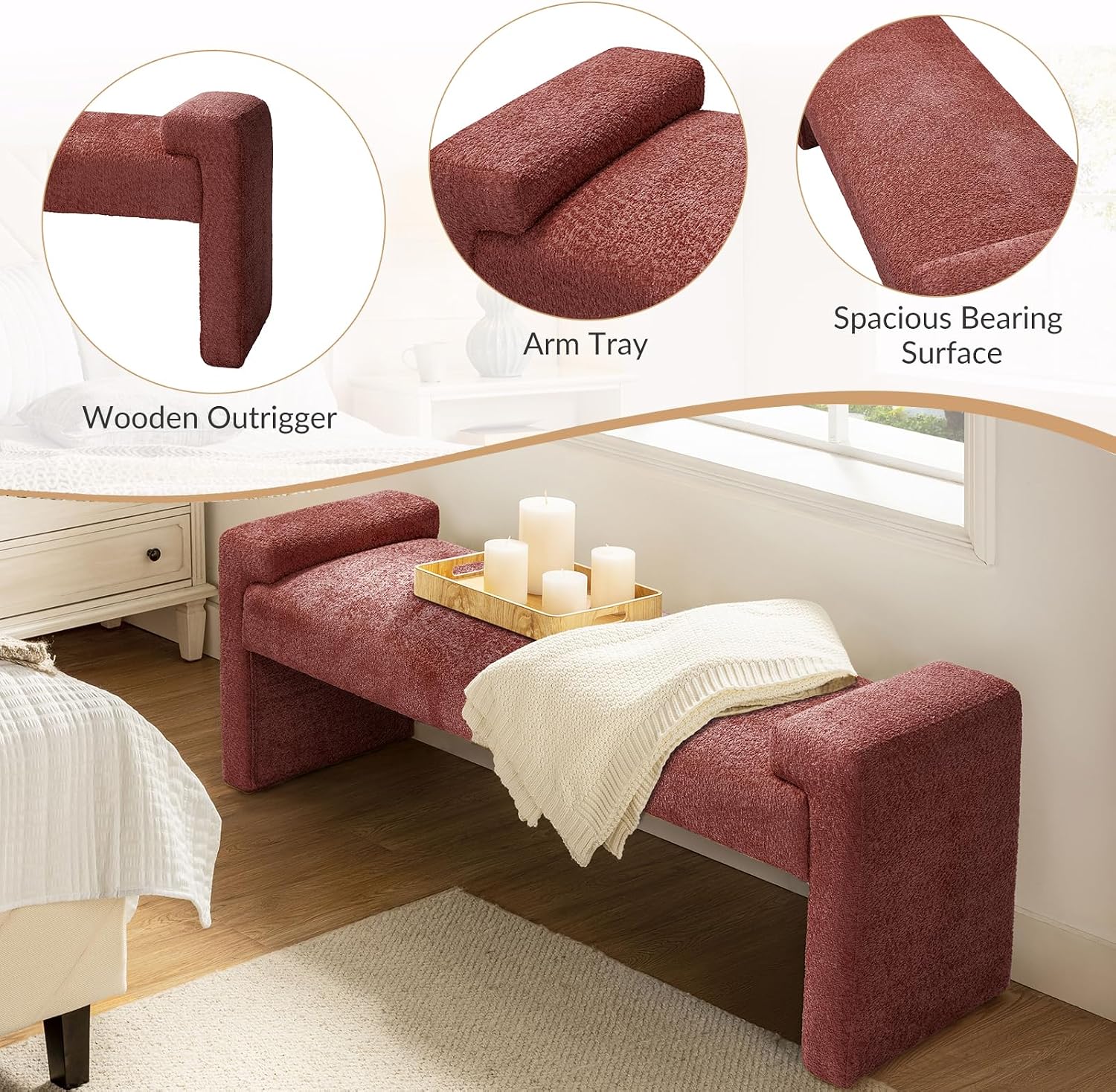 58.5" End of Bed Bedroom Bench, Elegant Fabric Upholstered Footstool for Dining Room & Entryway, Sturdy Legs with Floor Pads Footrest Ottoman, Rosewood