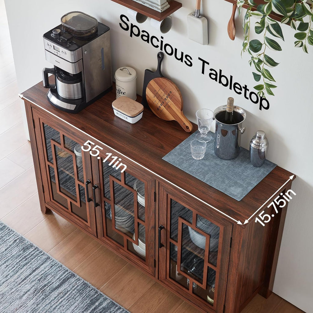 Joaxswe Large Sideboard Buffet Cabinet with Storage, 55" Farmhouse Credenza with 3 Glass Doors, Adjustable Shelves Console Table, Wood Kitchen Coffee Bar for Dining Room, Living Room, Brown