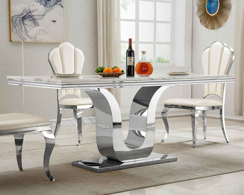 Modern White Dining Table for 6, U-Shape Stainless Steel Base, Marble Dining Room Table for 4-6, 68''L x 34''W Faux Marble Tabletop, Sturdy High Gloss Base, Rectangular Home Kitchen Table
