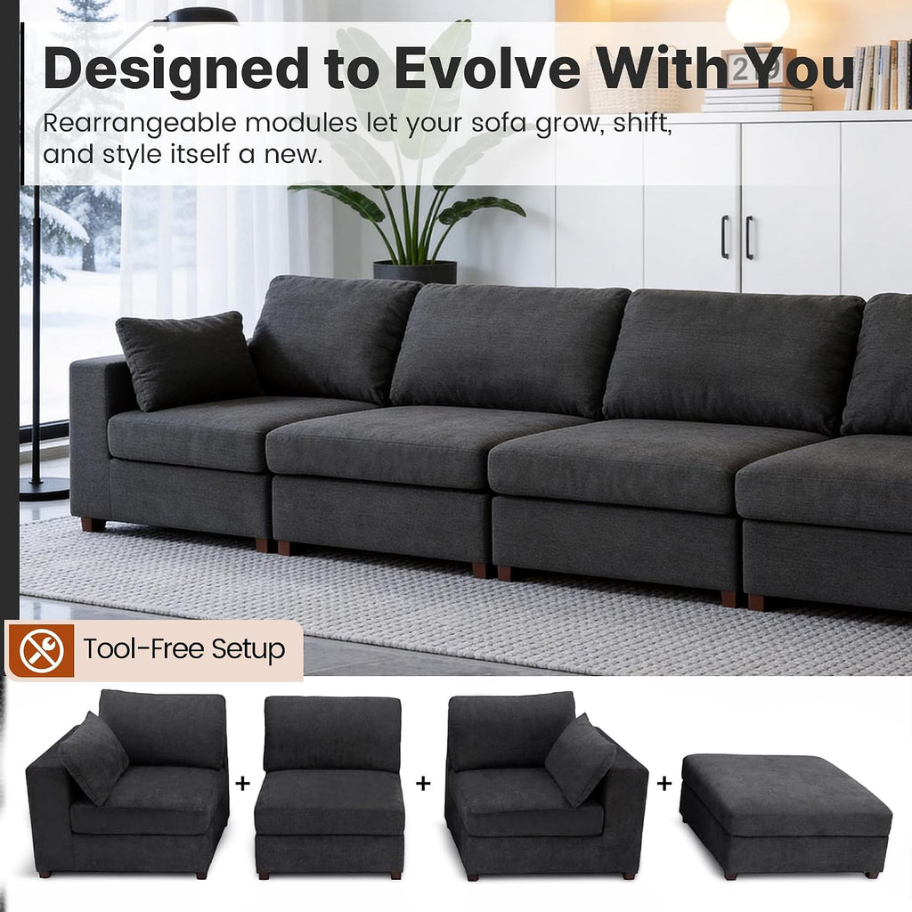 Oversized Sectional Sofa Set, Extra Large Modular Couch with Ottoman, Premium Linen Cloud Couch Deep Seat Sofa Cushion Covers Removable for Living Room (6 Seater+1 Ottoman Black)