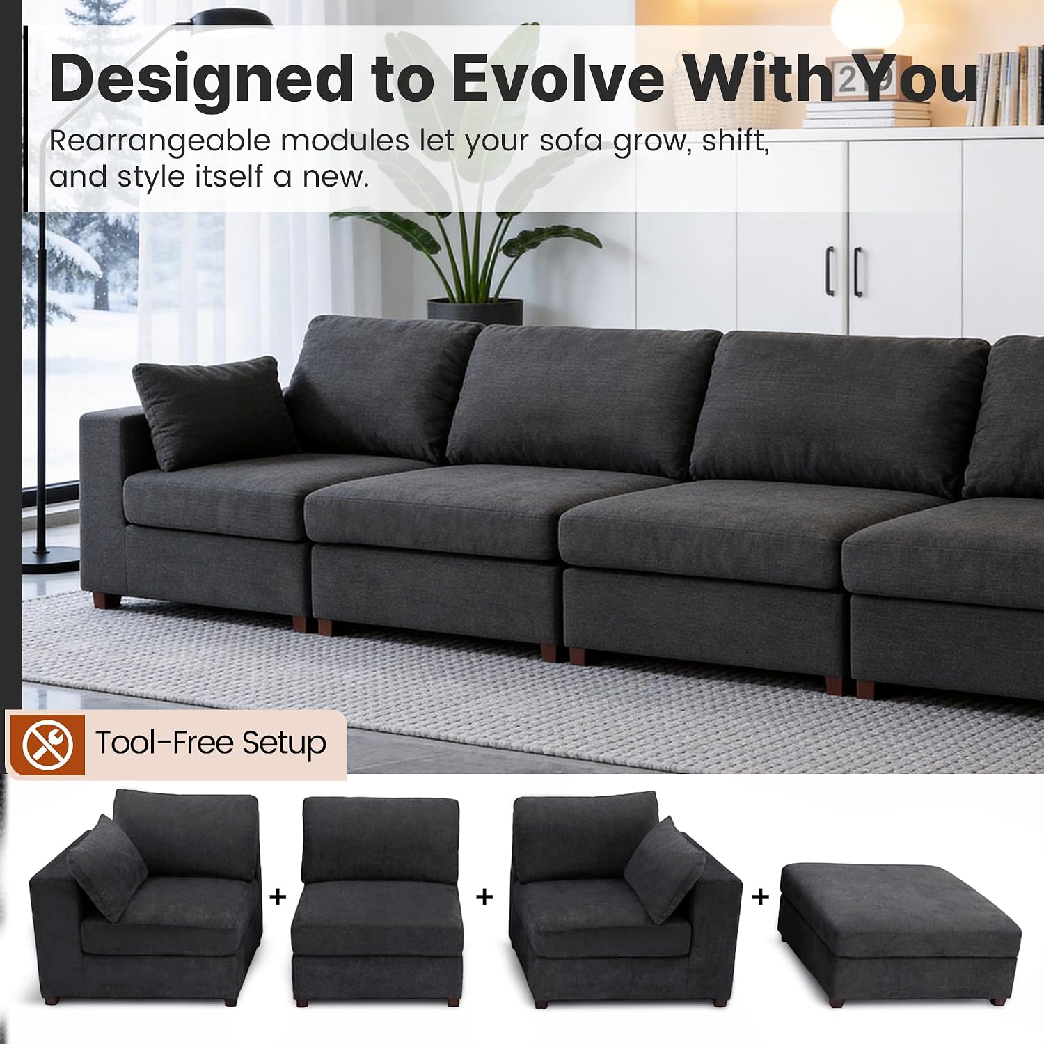 Oversized Sectional Sofa Set, Extra Large Modular Couch with Ottoman, Premium Linen Cloud Couch Deep Seat Sofa Cushion Covers Removable for Living Room (6 Seater+1 Ottoman Black)