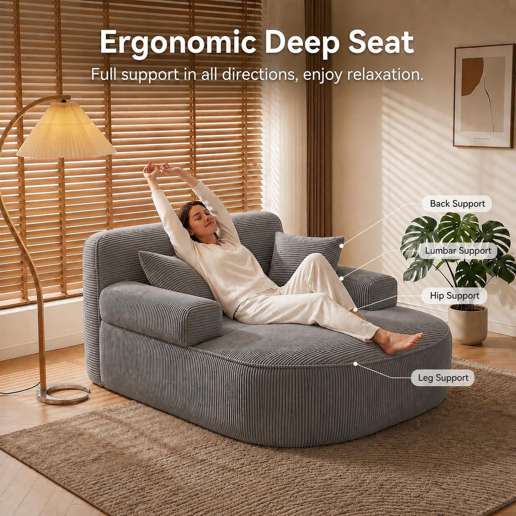Oversized Chaise Lounge Chair Indoor, Couch Cloud Chair with 3 Comfy Pillows, Corduroy High-Density Foam Reading Chair, Wide Arms Bed Sleeper Sofa for Living Room Bedroom Relaxing