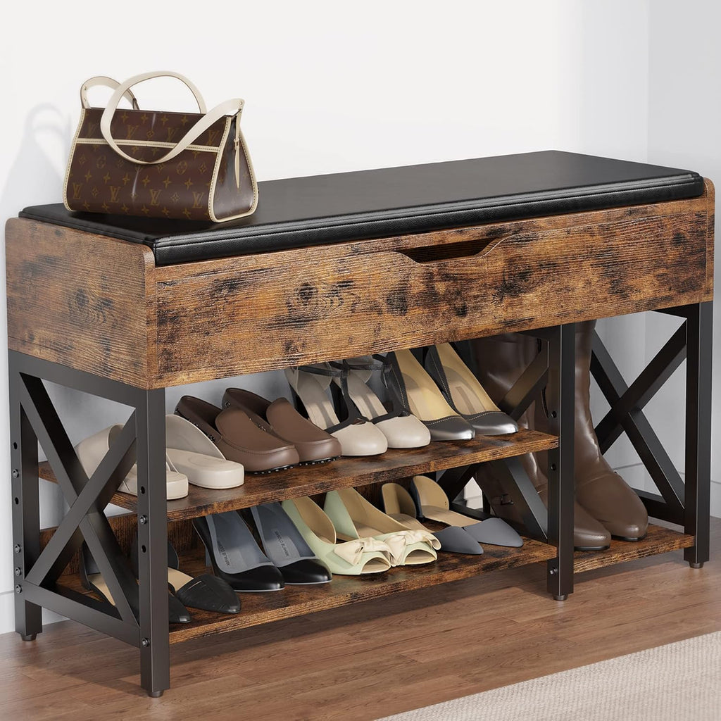 Shoe Bench, Lift Top Shoe Storage Bench, Adjustable Shelf Entryway Bench, Metal and Wood Shoe Rack Organizer with Cushion for Entry, Bedroom, Closet, Living Room, Hallway (Brown, 35.5“W)