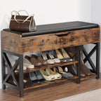 Shoe Bench, Lift Top Shoe Storage Bench, Adjustable Shelf Entryway Bench, Metal and Wood Shoe Rack Organizer with Cushion for Entry, Bedroom, Closet, Living Room, Hallway (Brown, 35.5“W)