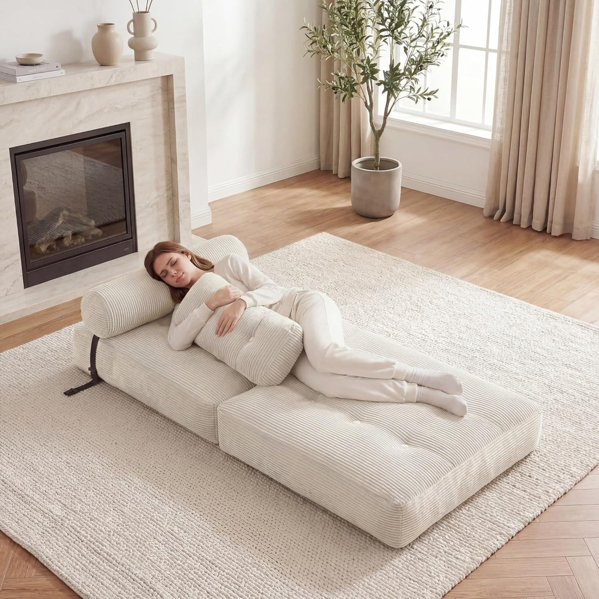KOMFOTT Convertible Folding Sofa Bed with Pillow, Fold Out Sleeper Chair with Back Support, Tufted Corduroy Floor Sofa with Fixing Straps for Living Room Bedroom Guest Room (Beige)